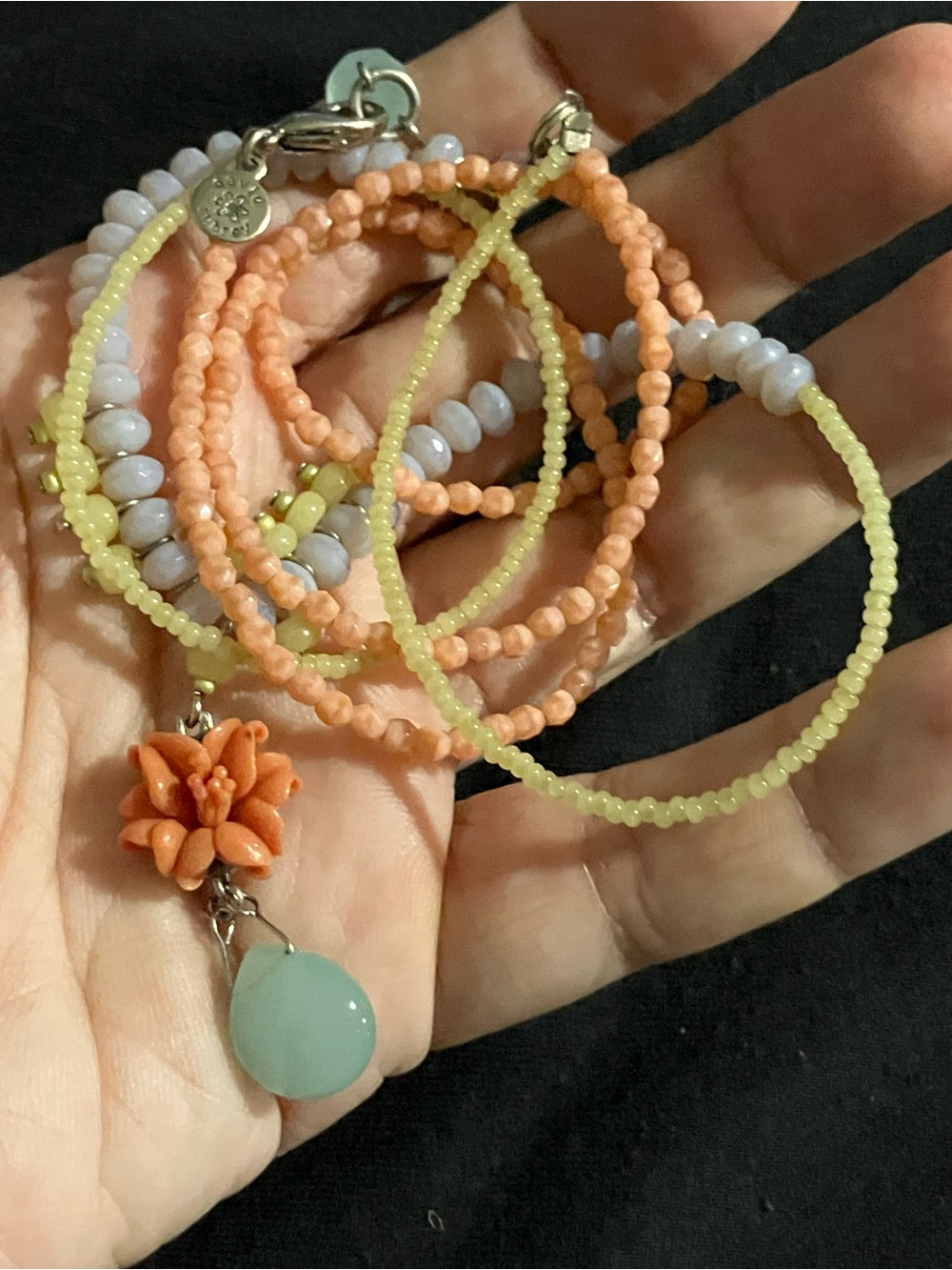 Double-Strand Coral Flower and Mint Pendant Necklace - Pastel Beads - Picture 6 of 8